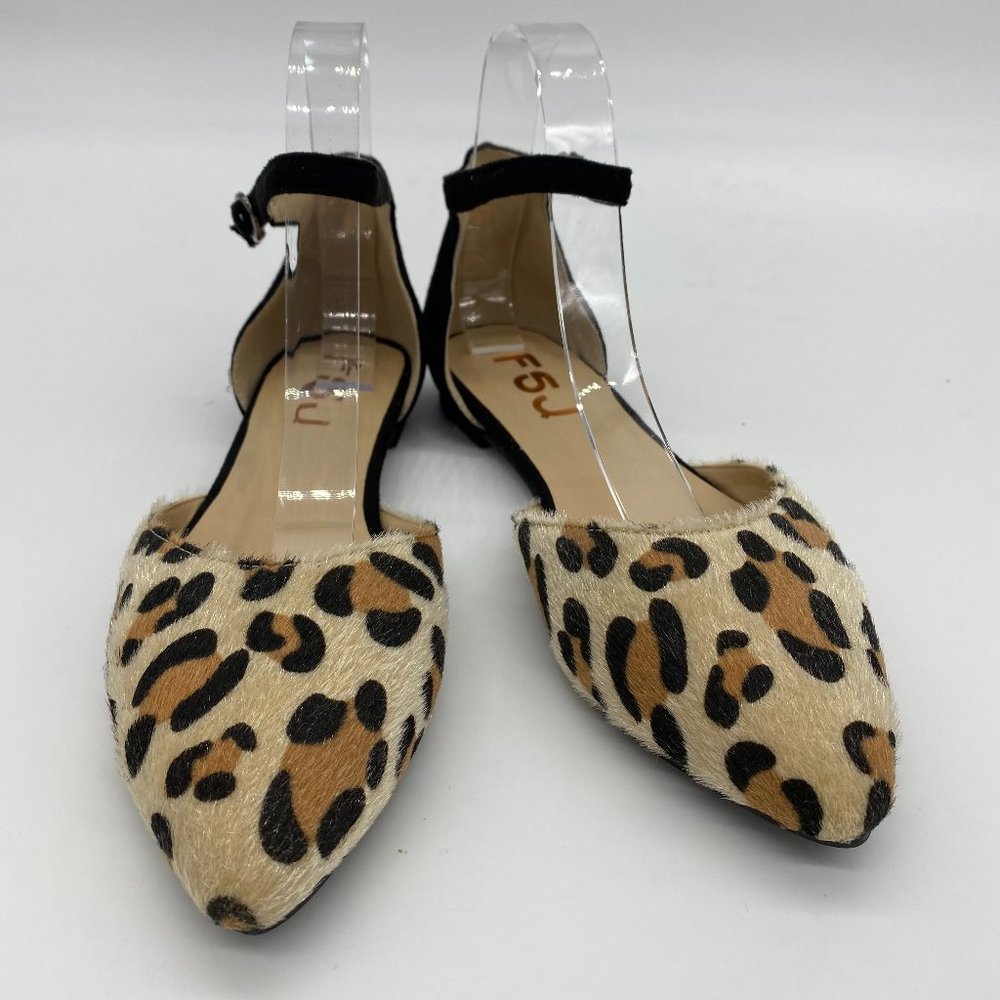A FSJ Brown Suede Ankle Strap Leopard Print Flats